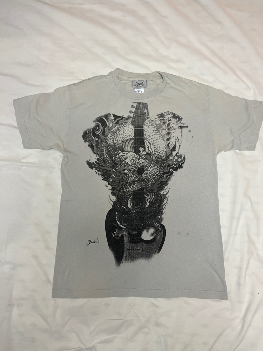 Vintage (1990s) Fender Gray Tee with Black Dragon Guitar Graphic